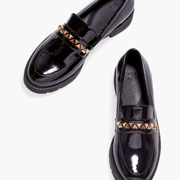 Just Fab Black Patent Leather Loafers with Gold Detail - Picture 12 of 13